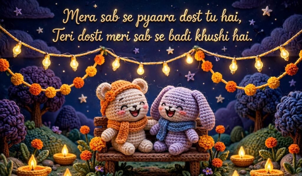 Dosti Shayari — crochet best friends laughing on a bench at night