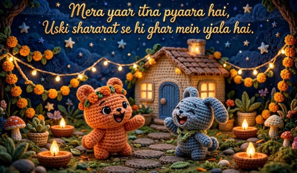 Dosti Shayari — playful crochet friends laughing in a garden at night