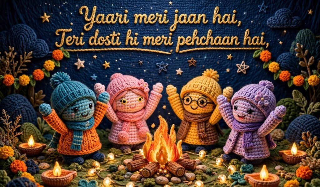 Dosti Shayari — crochet friends celebrating yaari around a bonfire