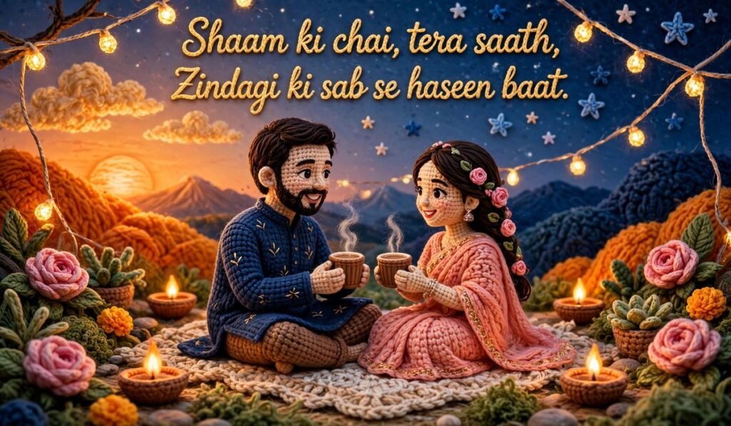 Good Evening Shayari — crochet husband and wife sharing chai at sunset