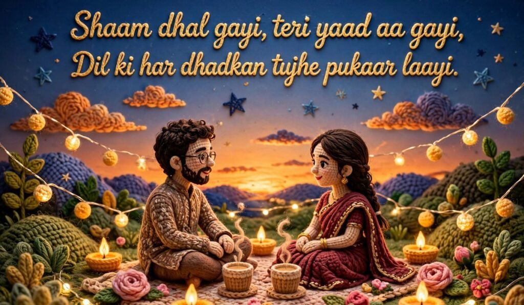 Good Evening Shayari — crochet couple at sunset with chai and roses