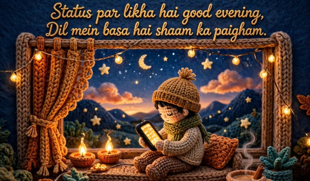 Good Evening Shayari — crochet figure with a glowing phone by a window at evening