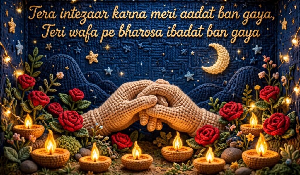 Ishq Shayari — crochet hands holding with diyas and roses under a starry night