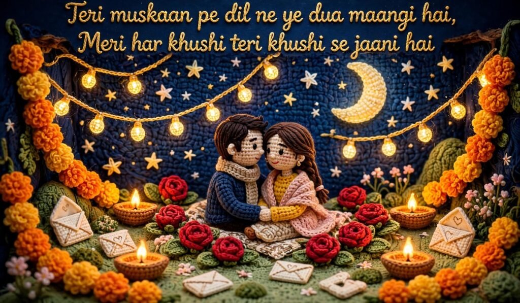 Ishq Shayari — crochet couple under moonlight with roses and letters