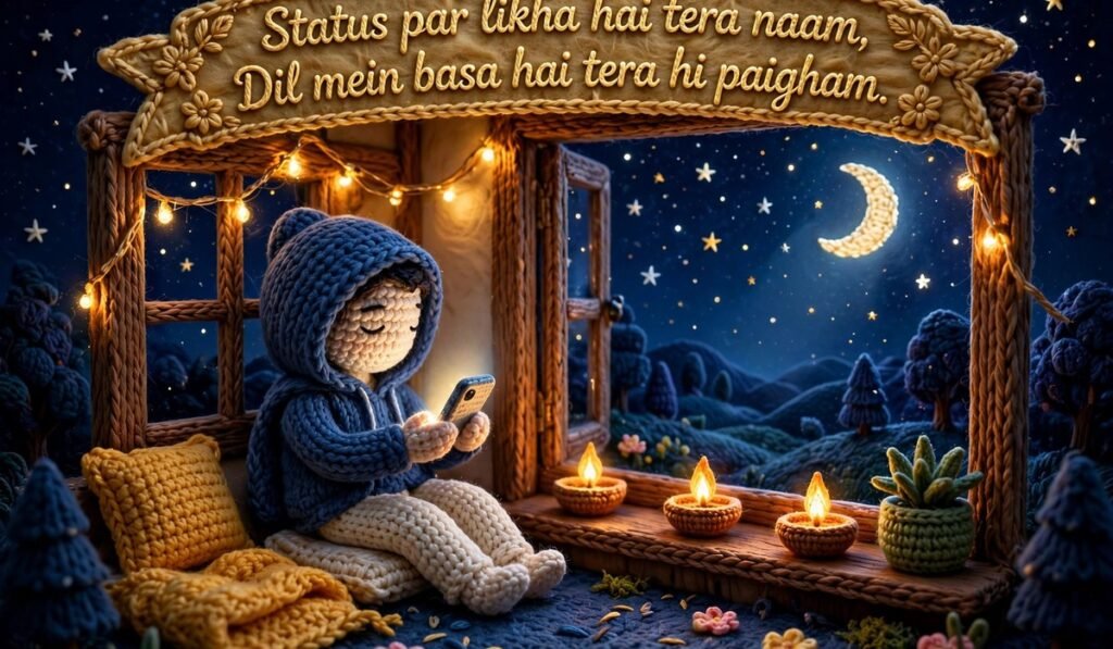 Ishq Shayari — crochet figure with a glowing phone by a window at night