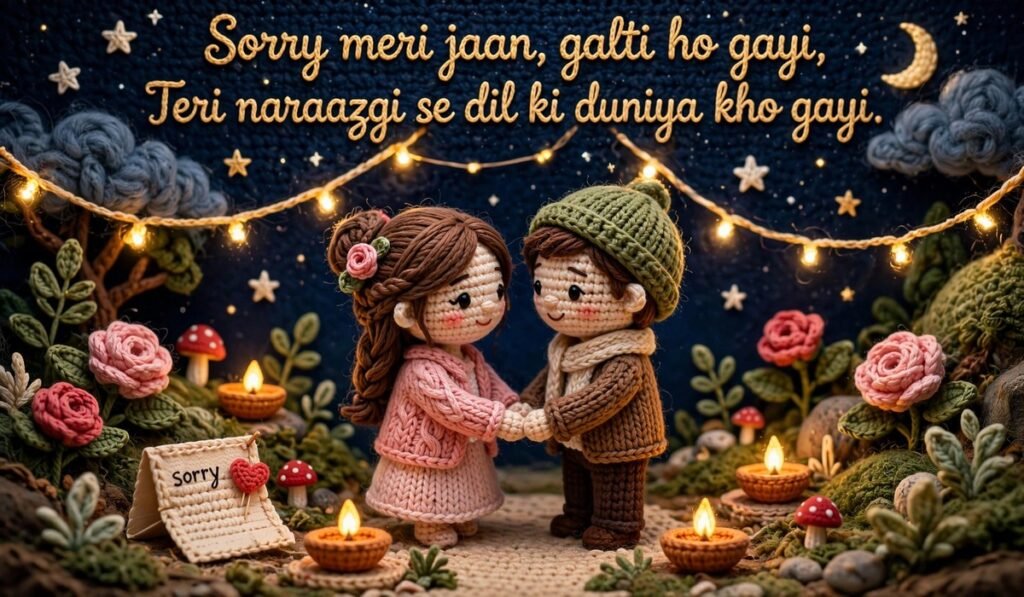 Sorry Shayari — crochet couple holding hands, making up