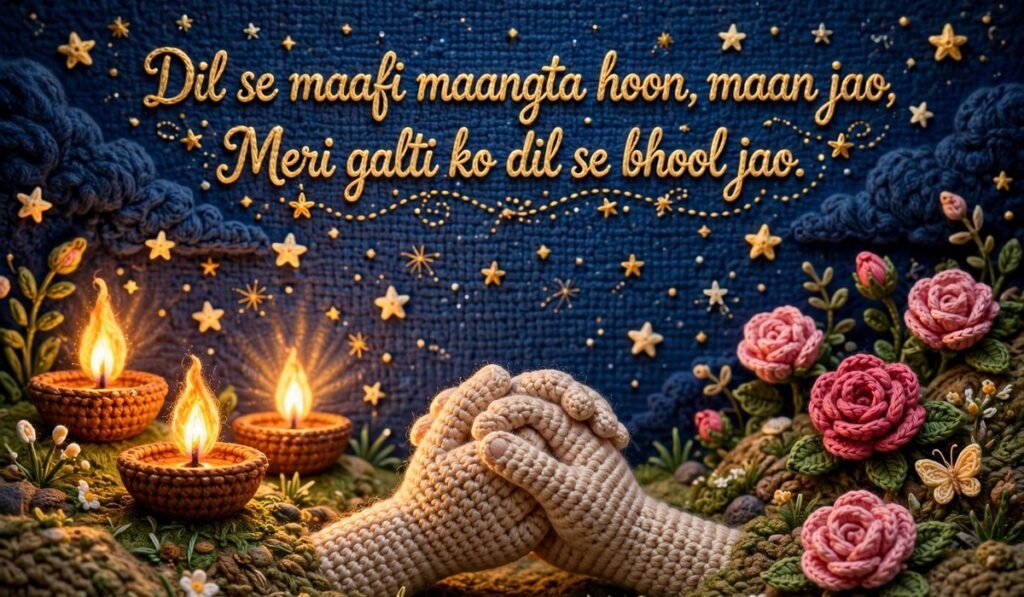 Sorry Shayari — crochet hands joined in apology with diyas and roses