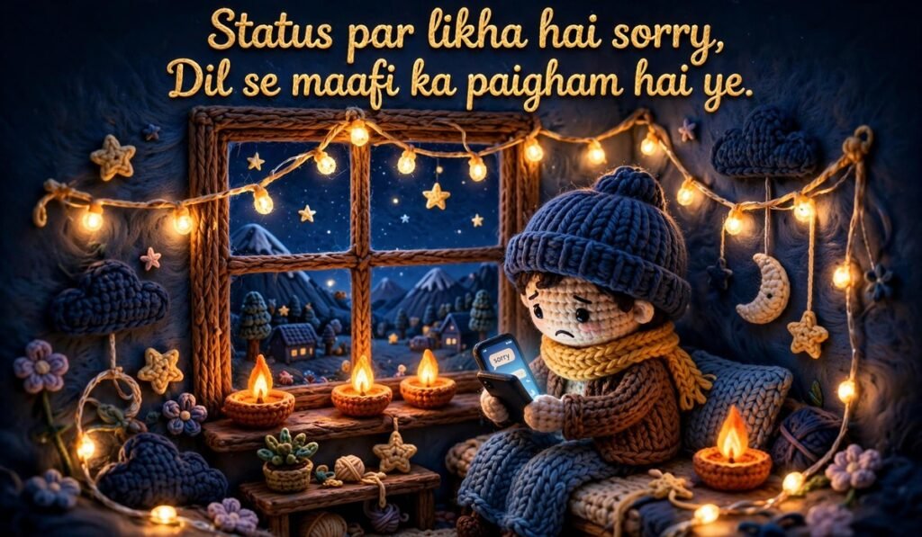 Sorry Shayari — crochet figure with a glowing phone by a window at night