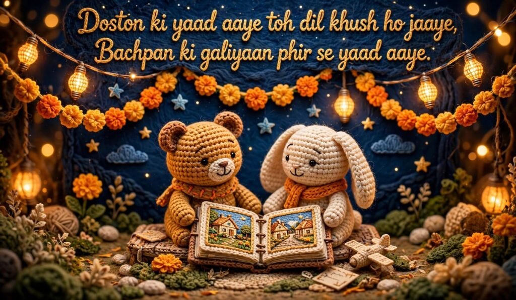 Yaad Shayari — crochet friends looking at a photo album