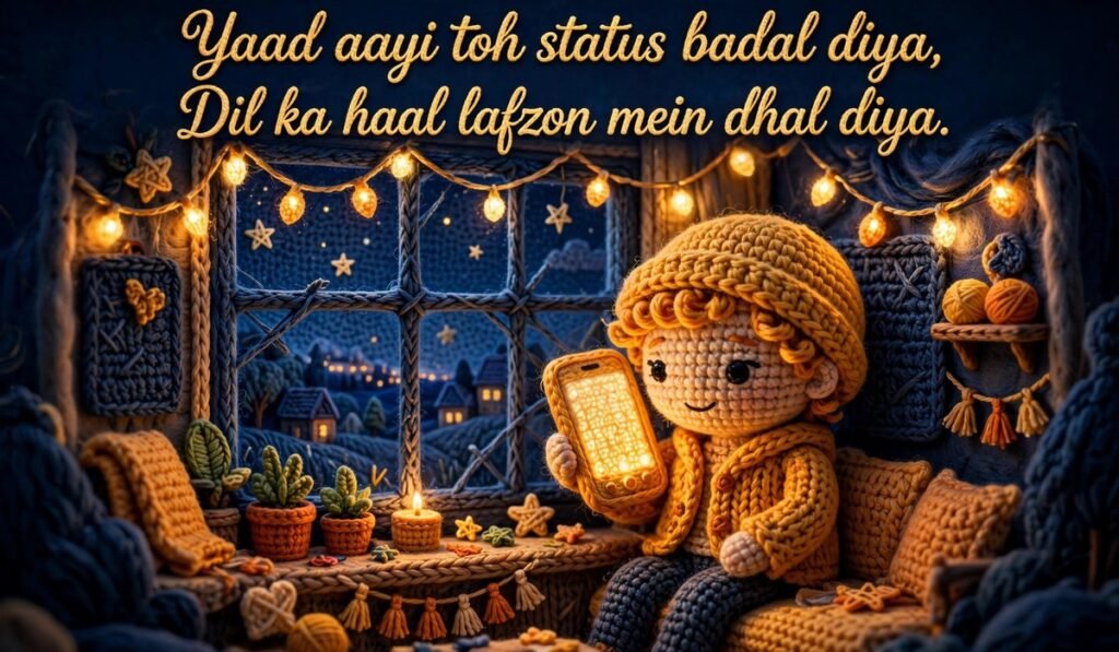 Yaad Shayari — crochet figure with a glowing phone by a window at night