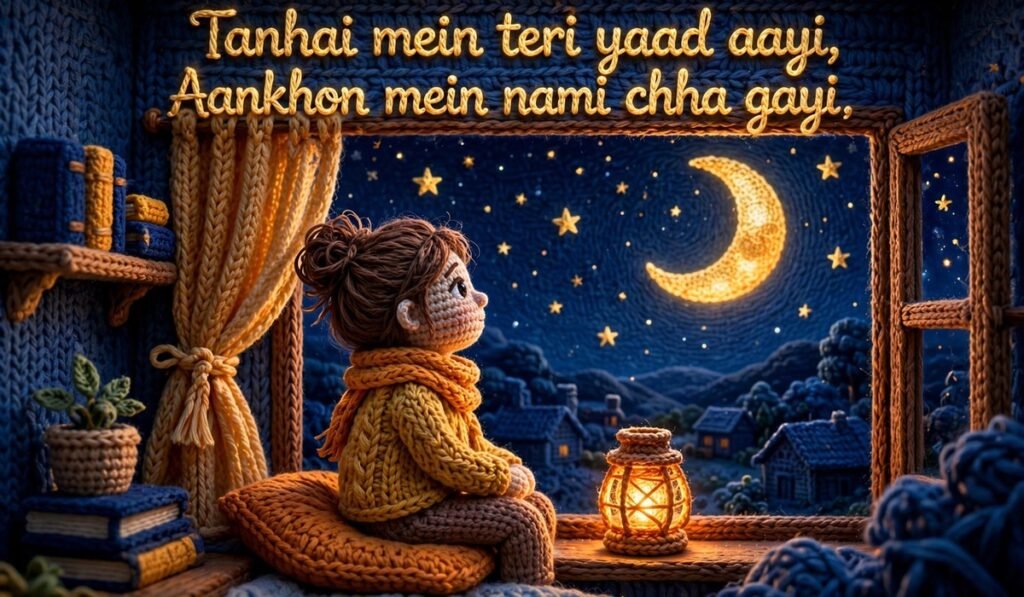 Yaad Shayari — crochet figure gazing at the moon from a window
