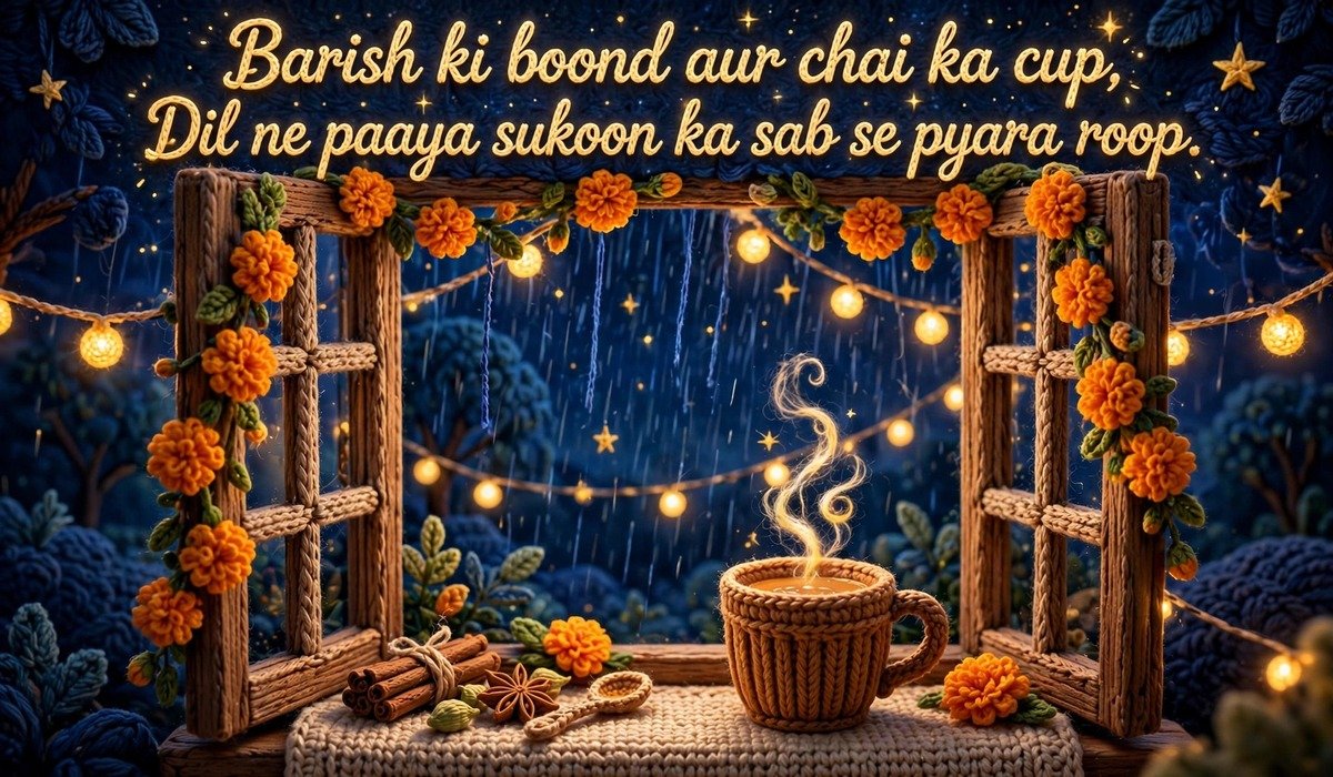 Barish Shayari — crochet chai cup on a rainy windowsill