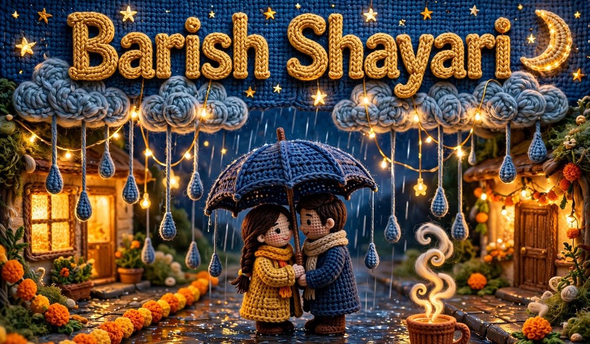Barish Shayari — crochet art of a couple under an umbrella in the rain