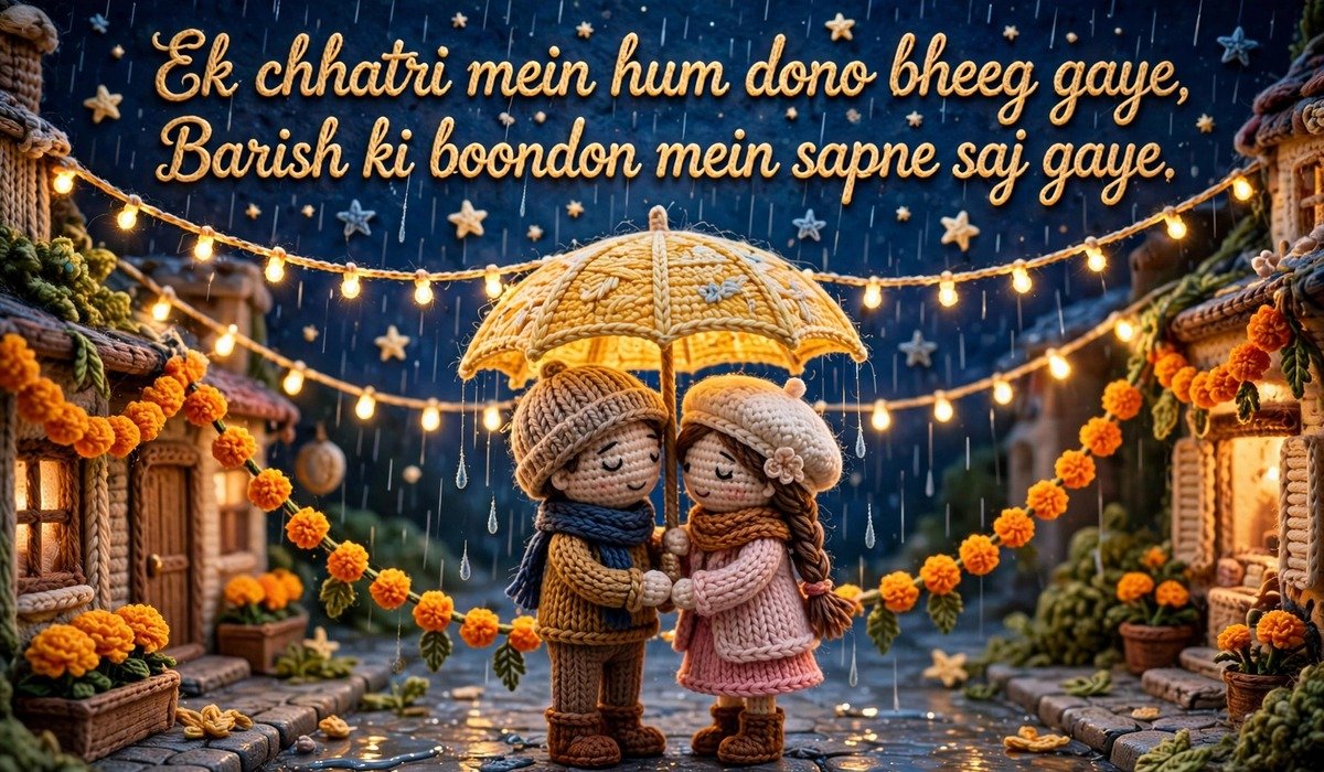 Barish Shayari — crochet couple sharing an umbrella in the rain