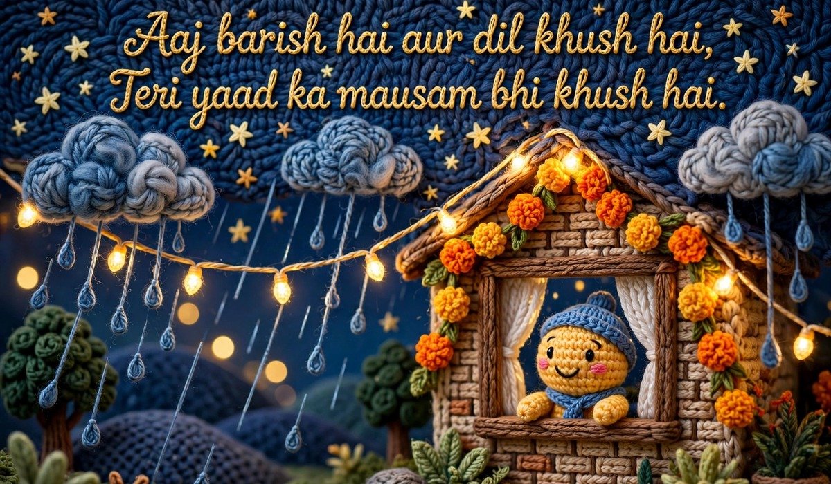 Barish Shayari — crochet figure watching rain from a window