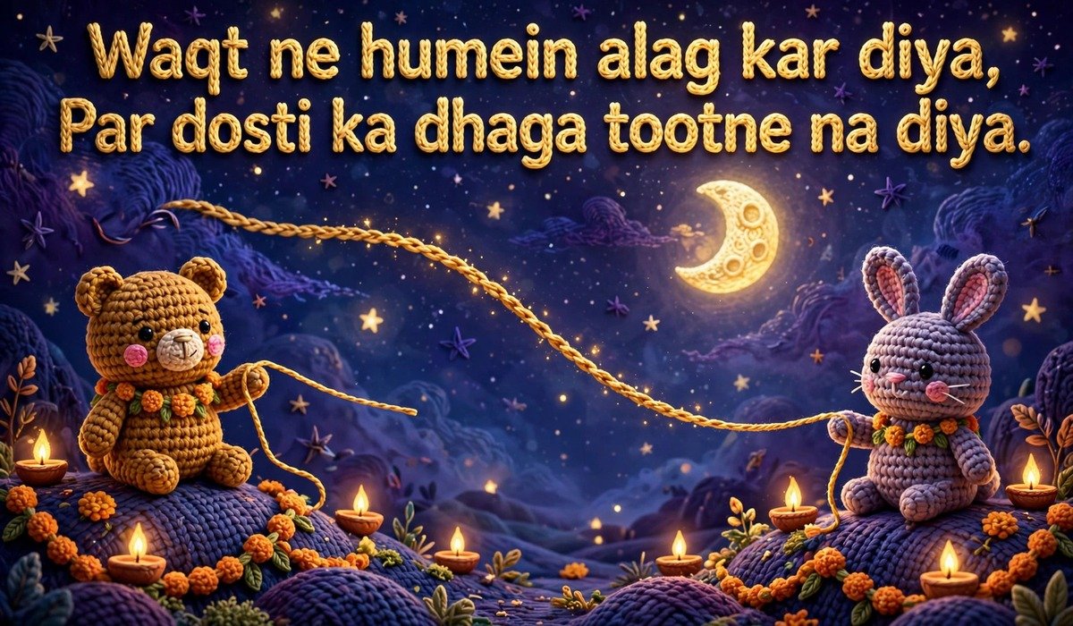 Best Friendship Shayari — crochet art of a friend holding a thread of friendship across distance