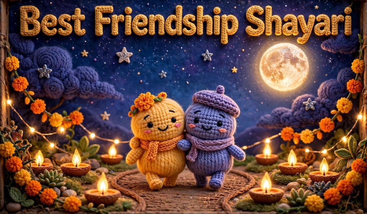 Best Friendship Shayari — crochet art of two friends together under a starry night
