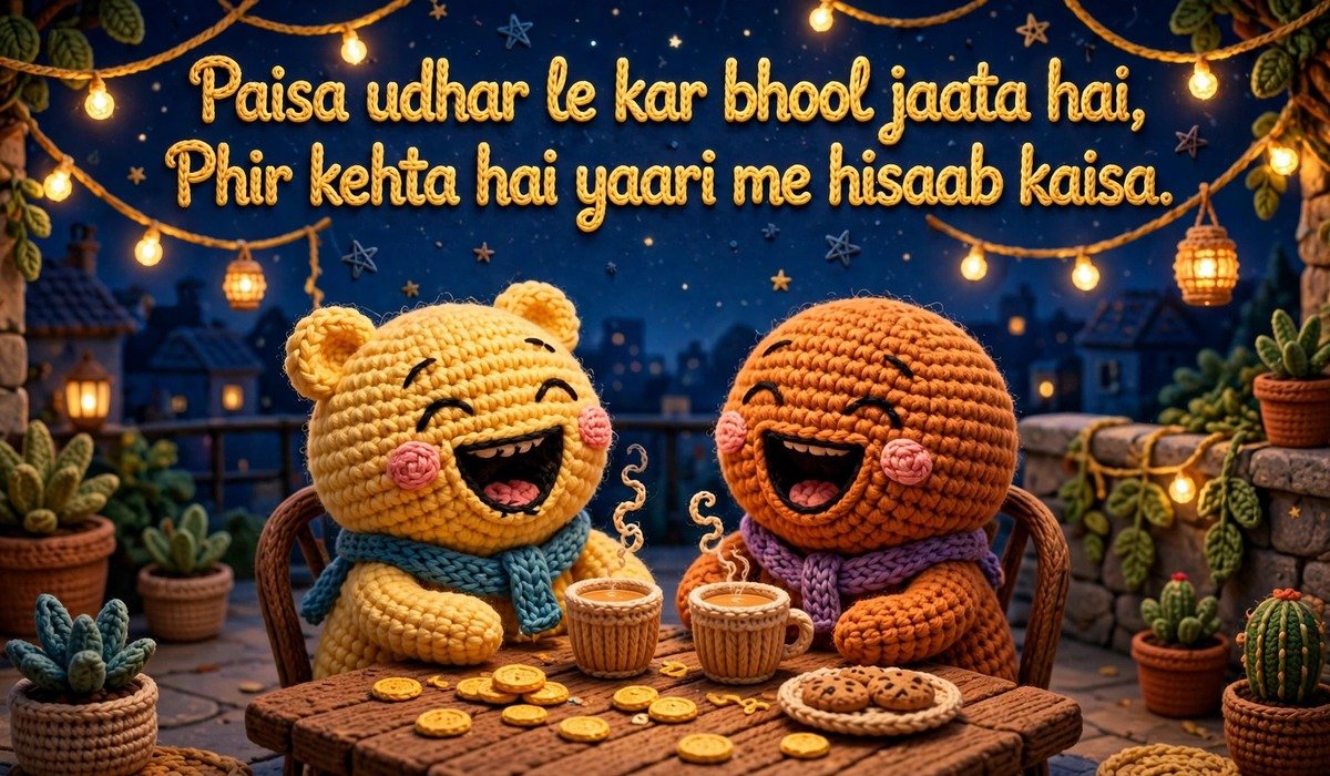 Best Friendship Shayari — crochet art of two friends laughing over chai