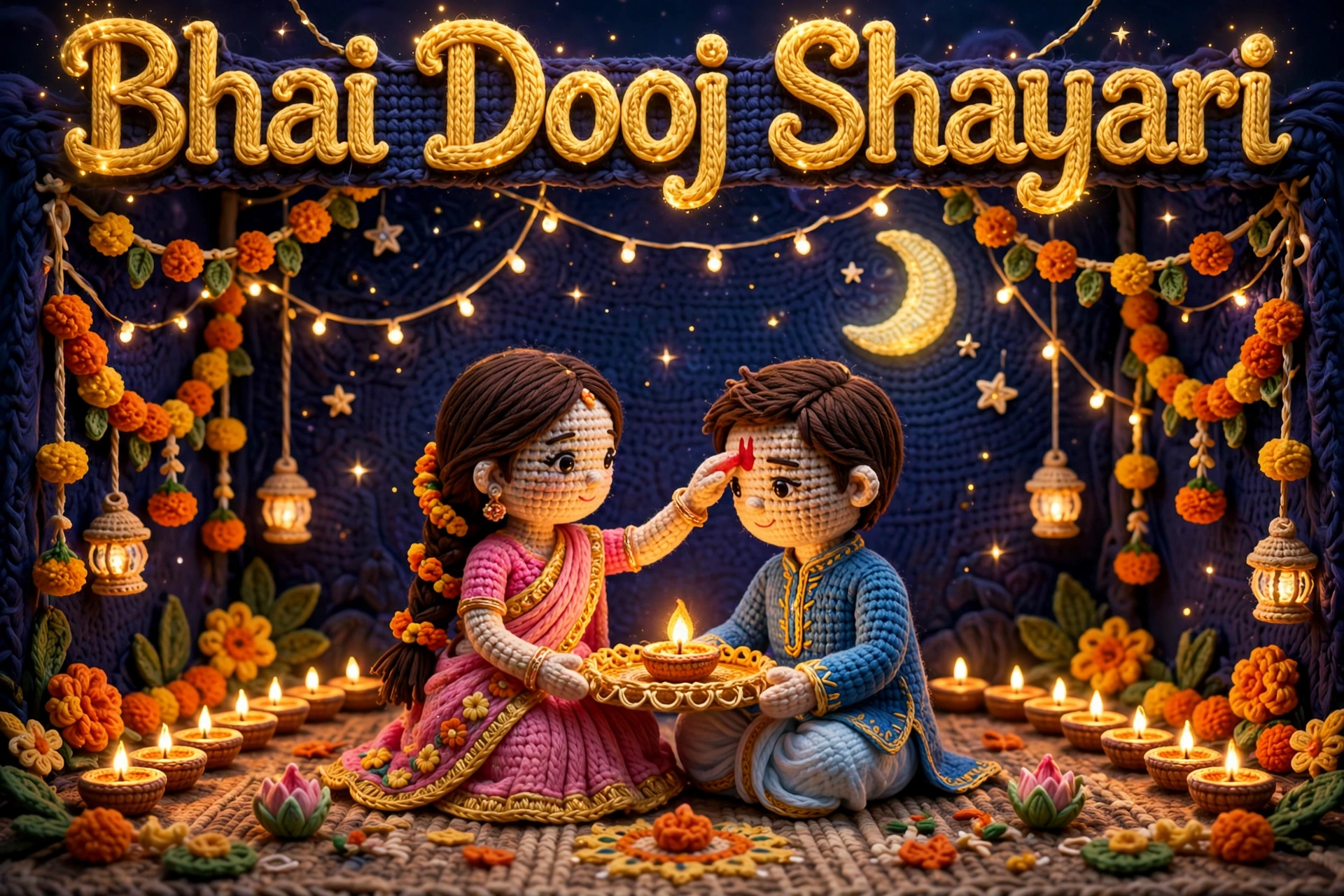 Bhai Dooj Shayari — crochet art of sister applying tilak to brother