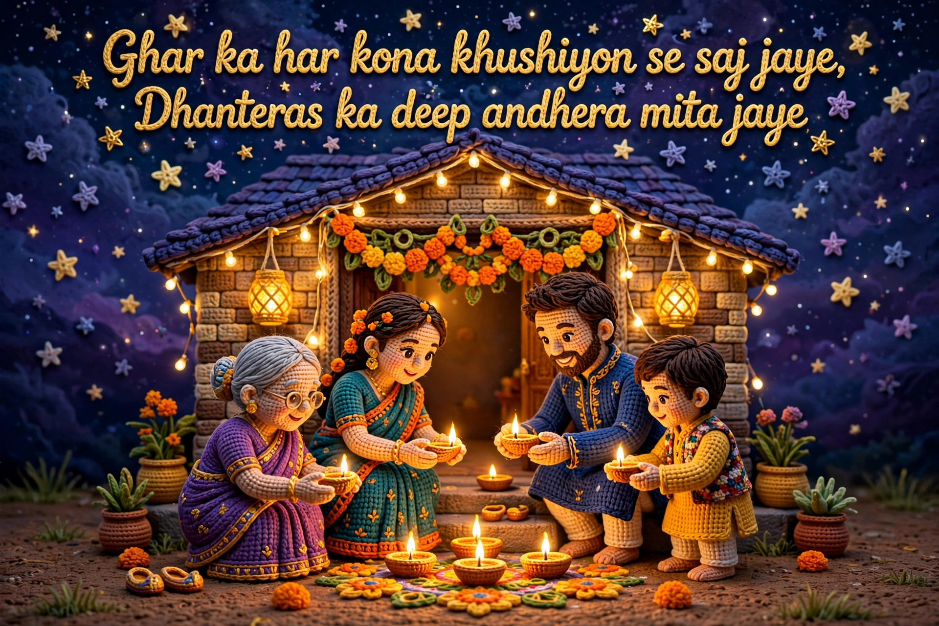 Dhanteras Shayari — crochet art of family lighting diyas
