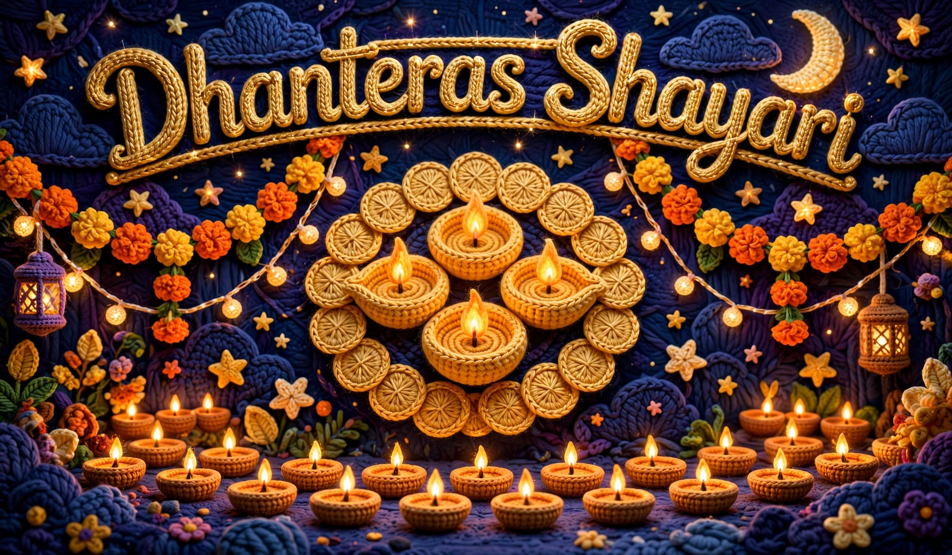 Dhanteras Shayari — crochet art of diyas and gold coins