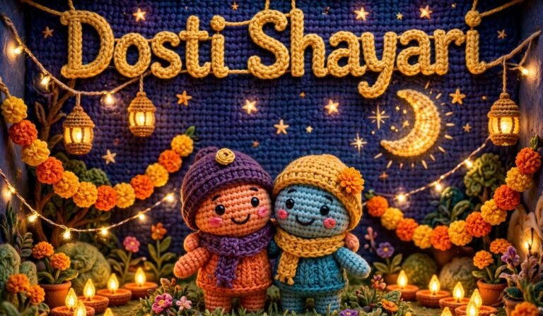 Dosti Shayari — crochet art of two friends together at night with diyas