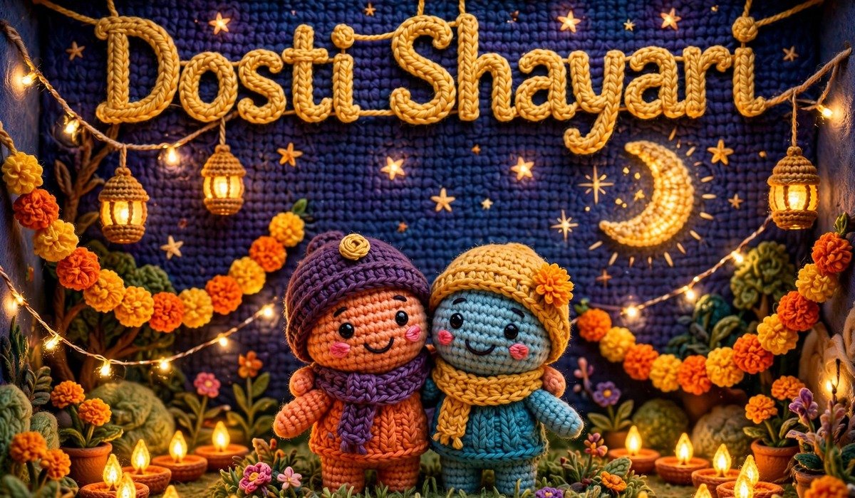 Dosti Shayari — crochet art of two friends together at night with diyas