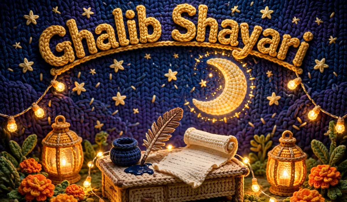 Ghalib Shayari — crochet art of a poet's desk under moonlight