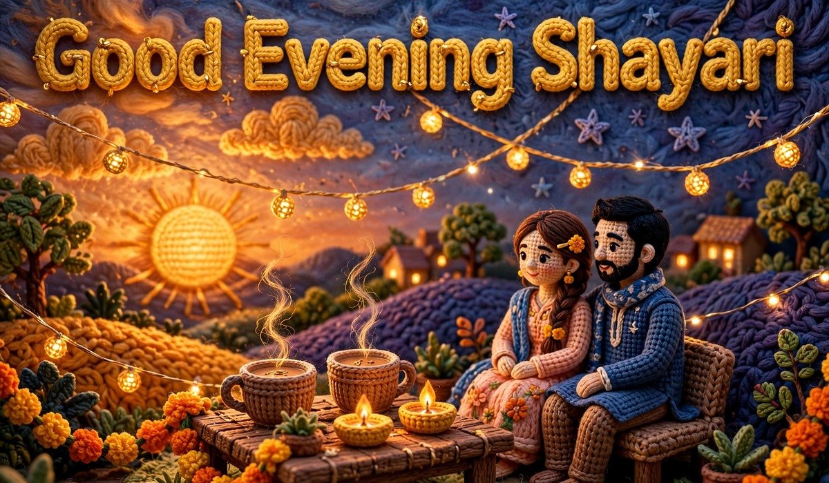 Good Evening Shayari — crochet art of a couple at sunset with chai cups and diyas