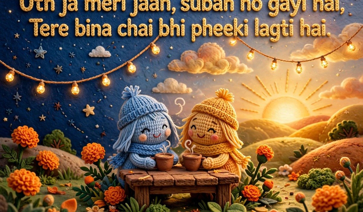 Good Morning Love Shayari — crochet art of two lovers sharing chai at sunrise