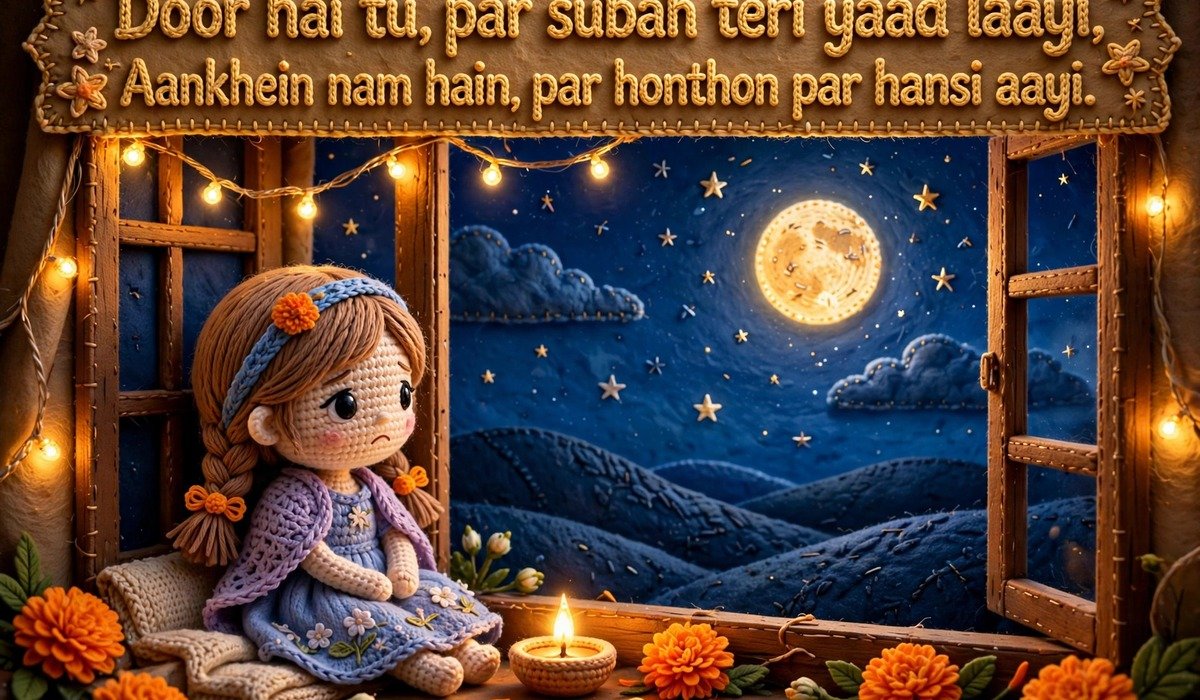 Good Morning Love Shayari — crochet art of a girl missing her love by the window at night