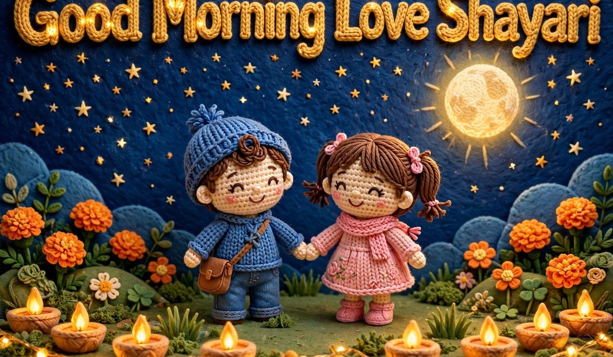 Good Morning Love Shayari — crochet art of two lovers holding hands under a starry night