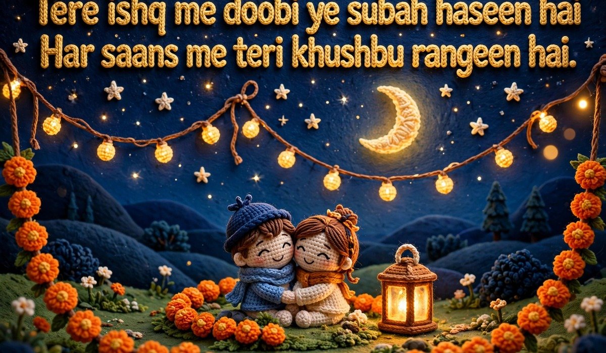 Good Morning Love Shayari — crochet art of a couple embracing under fairy lights