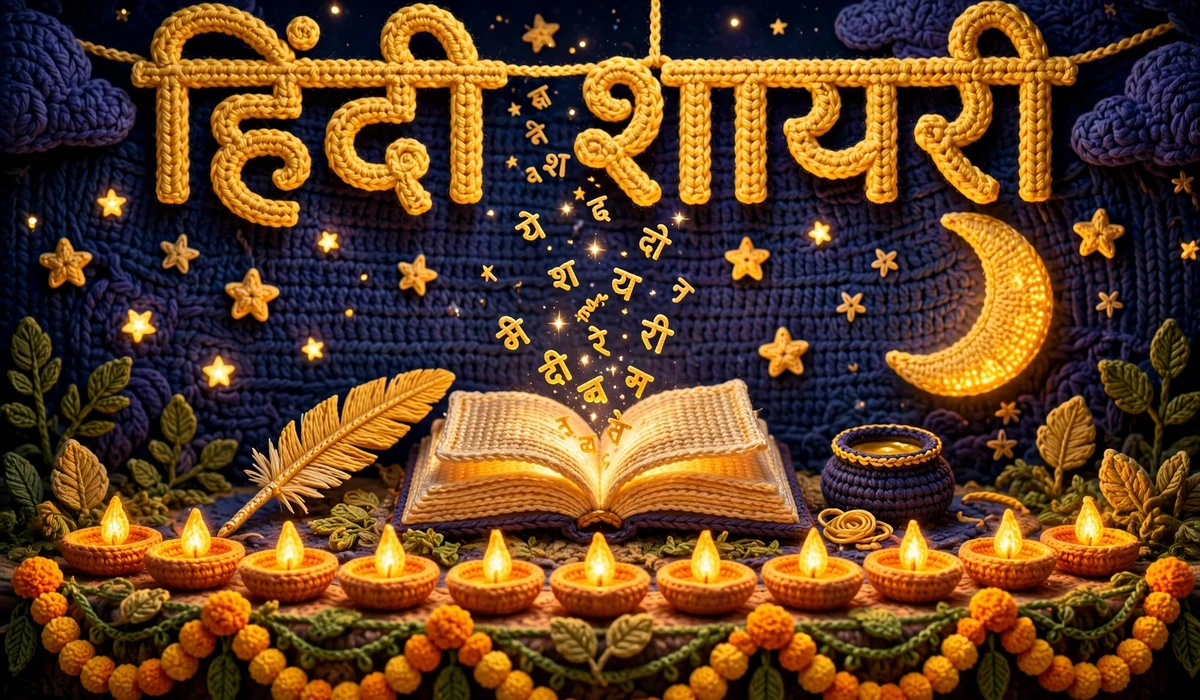 Hindi Shayari — crochet art of an open glowing book with quill under moonlight