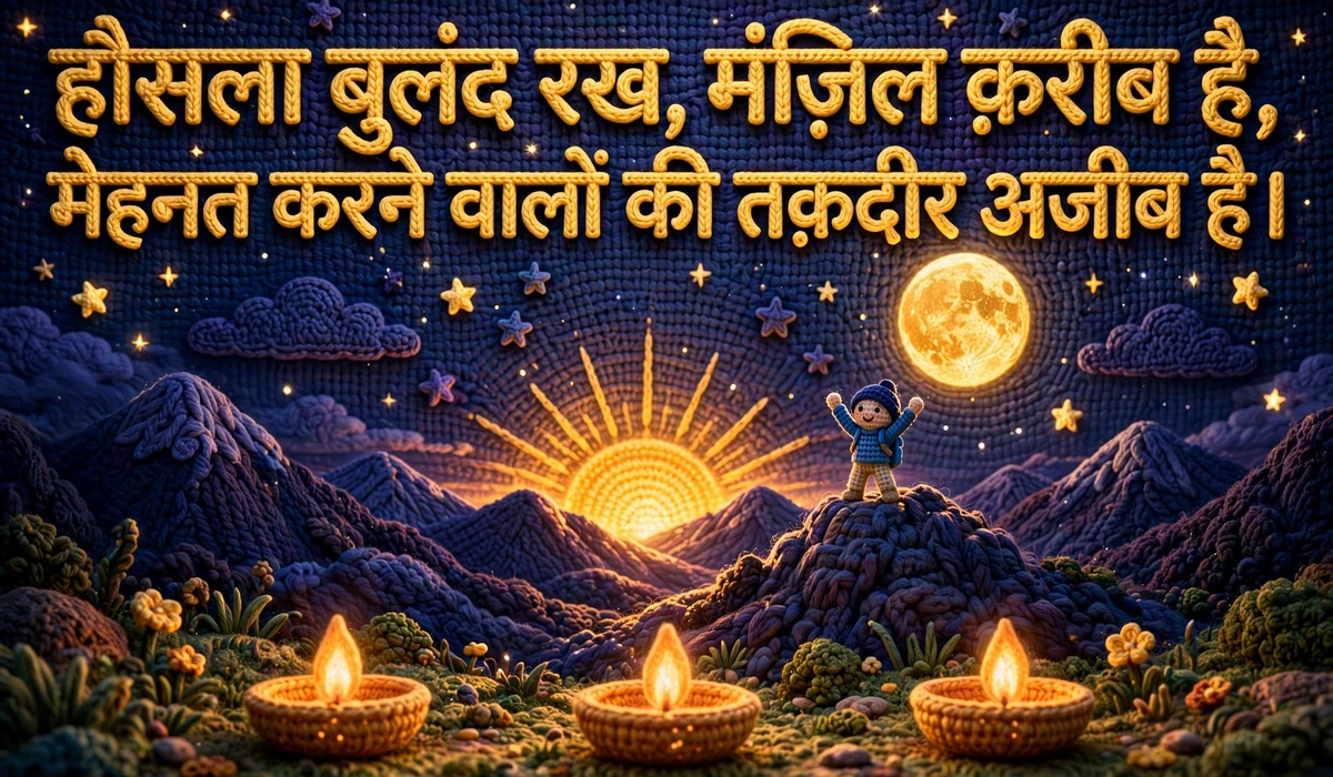 Hindi Shayari — crochet art of sunrise over mountains