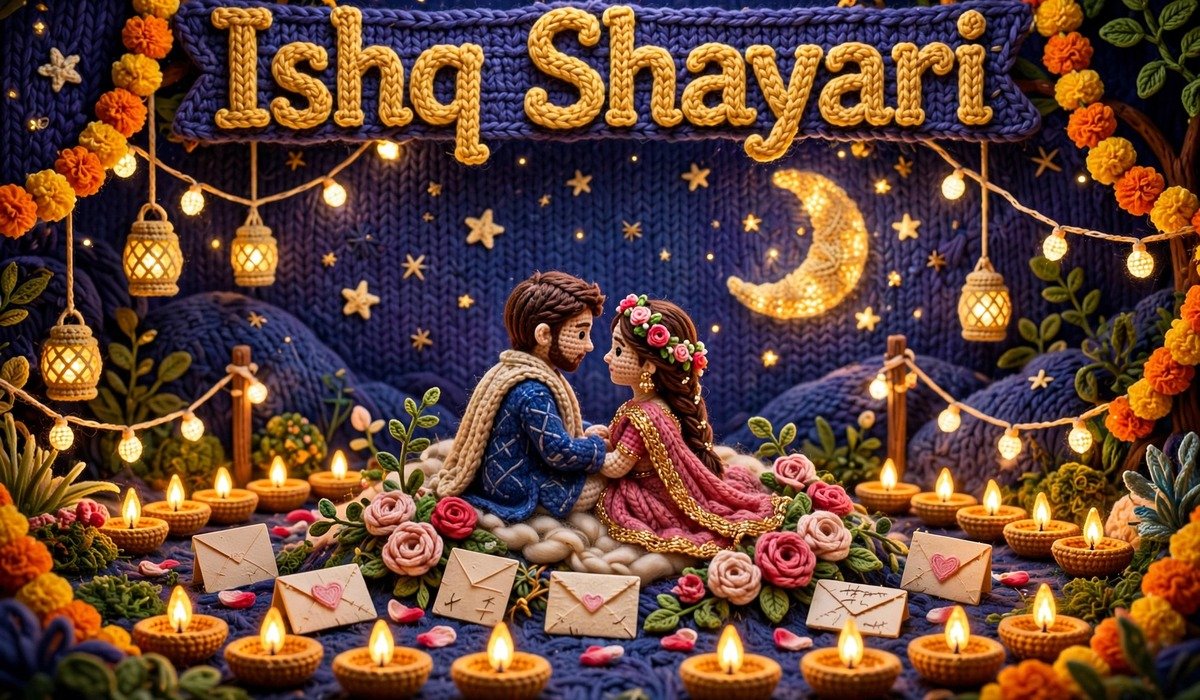 Ishq Shayari — crochet art of a couple under moonlight with roses and love letters