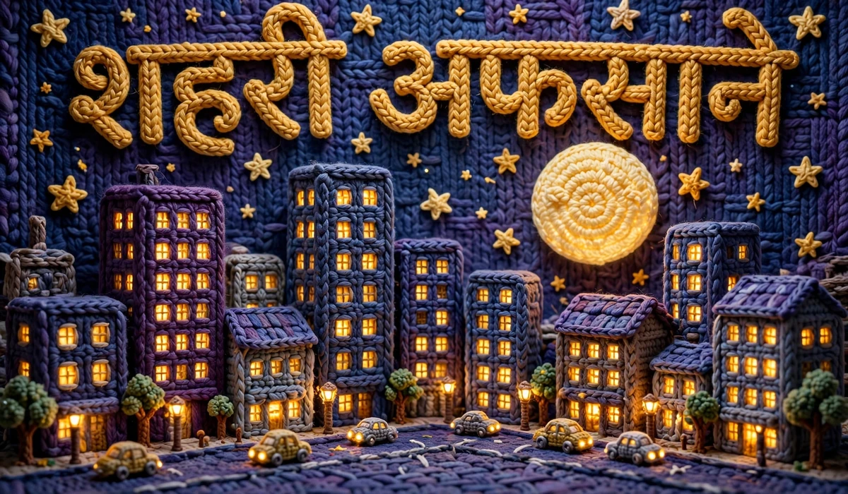 Shehri Afsane — crochet art of a city skyline at night with glowing windows