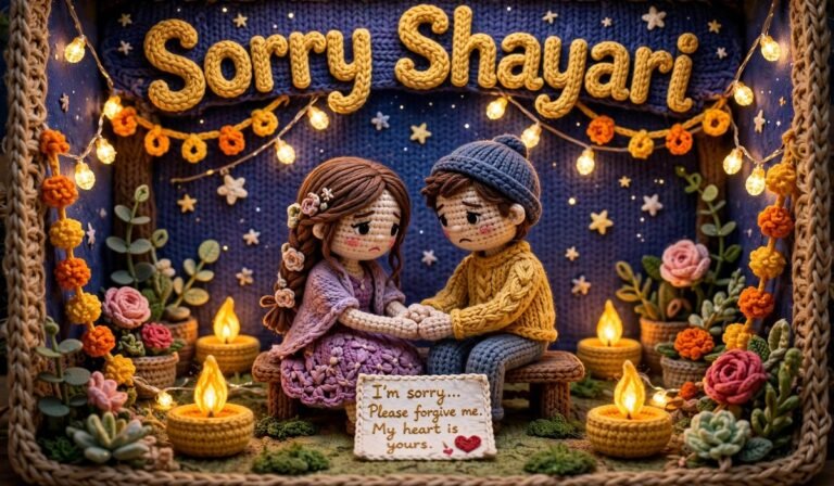 Sorry Shayari — crochet art of a couple making up with a sorry letter and diyas