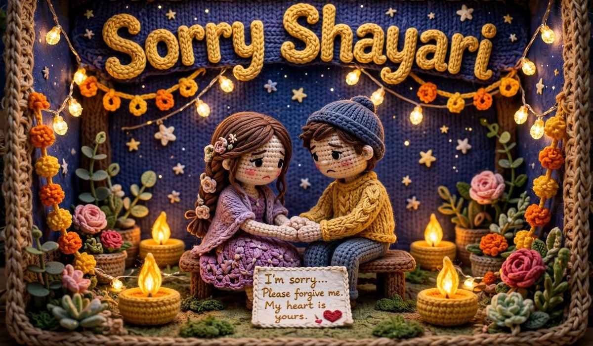 Sorry Shayari — crochet art of a couple making up with a sorry letter and diyas