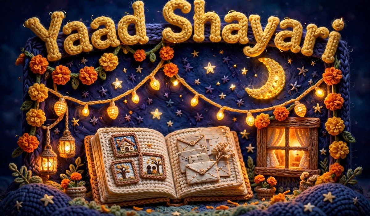 Yaad Shayari — crochet art of a photo album, letters and a window under a starry night